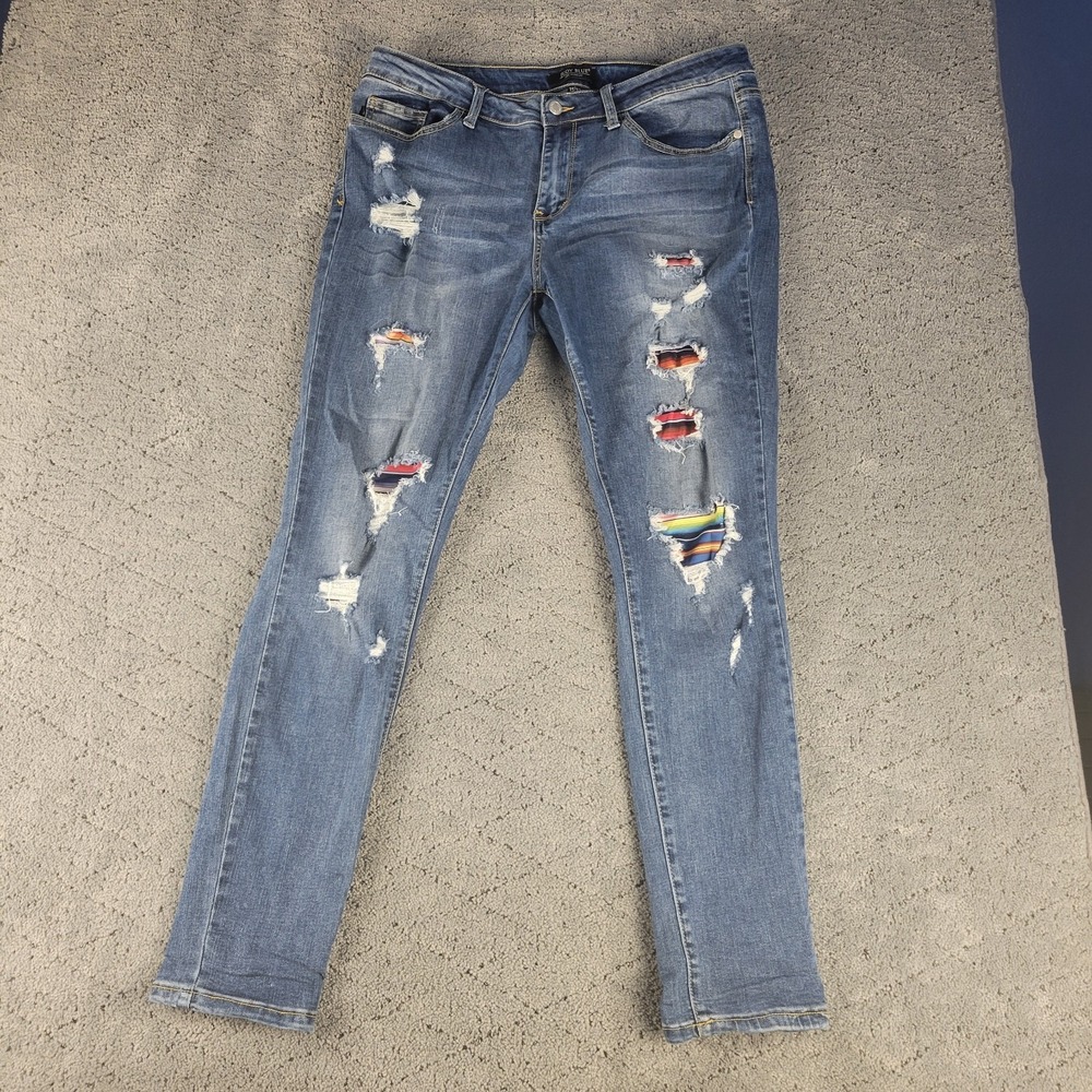 Judy Blue Jeans Womens 15/32 Blue Skinny Fit Patchwork Distressed Medium Wash